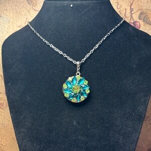 Green and Blue Vintage Floral Button Locket Pendant Necklace